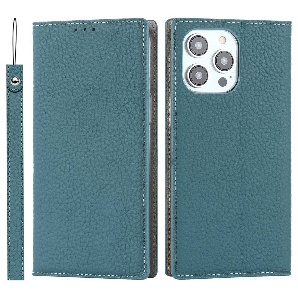 For iPhone 14 Pro Max 6.7 inch Genuine Leather Case Litchi Texture Wallet Stand Folio Flip Phone Cover with Hand Strap