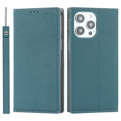 For iPhone 14 Pro Max 6.7 inch Genuine Leather Case Litchi Texture Wallet Stand Folio Flip Phone Cover with Hand Strap
