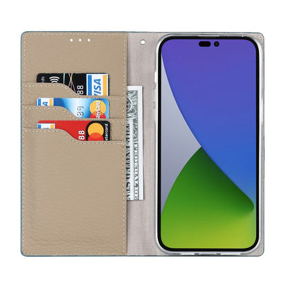 For iPhone 14 Pro Max 6.7 inch Genuine Leather Case Litchi Texture Wallet Stand Folio Flip Phone Cover with Hand Strap