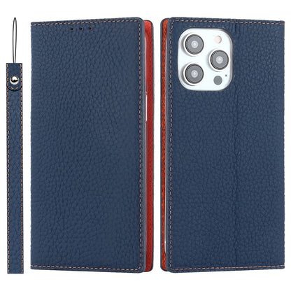 For iPhone 14 Pro Max 6.7 inch Genuine Leather Case Litchi Texture Wallet Stand Folio Flip Phone Cover with Hand Strap