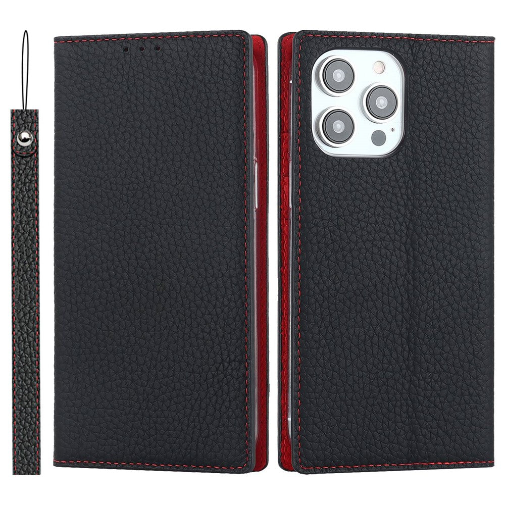 For iPhone 14 Pro Max 6.7 inch Genuine Leather Case Litchi Texture Wallet Stand Folio Flip Phone Cover with Hand Strap