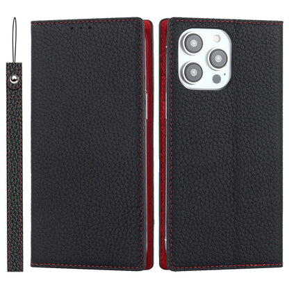 For iPhone 14 Pro Max 6.7 inch Genuine Leather Case Litchi Texture Wallet Stand Folio Flip Phone Cover with Hand Strap