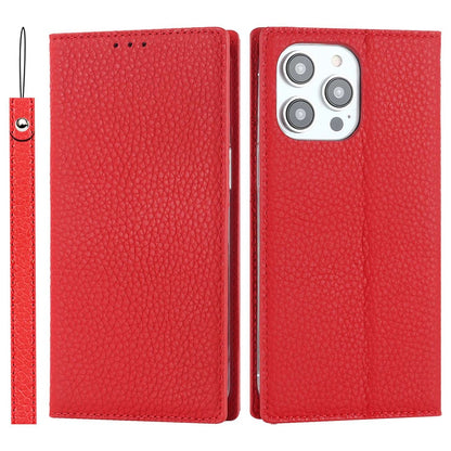 For iPhone 14 Pro Max 6.7 inch Genuine Leather Case Litchi Texture Wallet Stand Folio Flip Phone Cover with Hand Strap