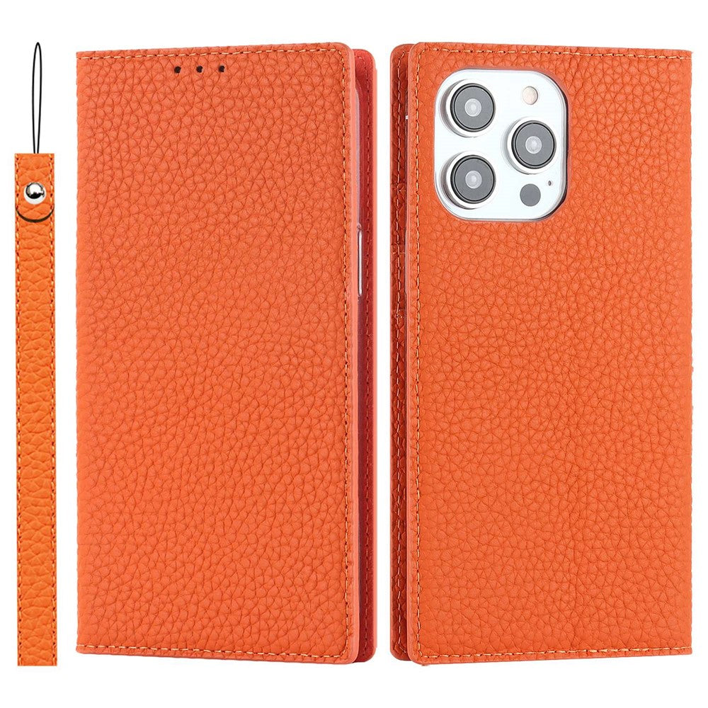 For iPhone 14 Pro Max 6.7 inch Genuine Leather Case Litchi Texture Wallet Stand Folio Flip Phone Cover with Hand Strap