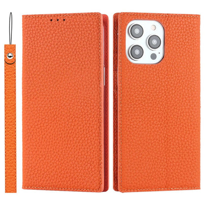 For iPhone 14 Pro Max 6.7 inch Genuine Leather Case Litchi Texture Wallet Stand Folio Flip Phone Cover with Hand Strap