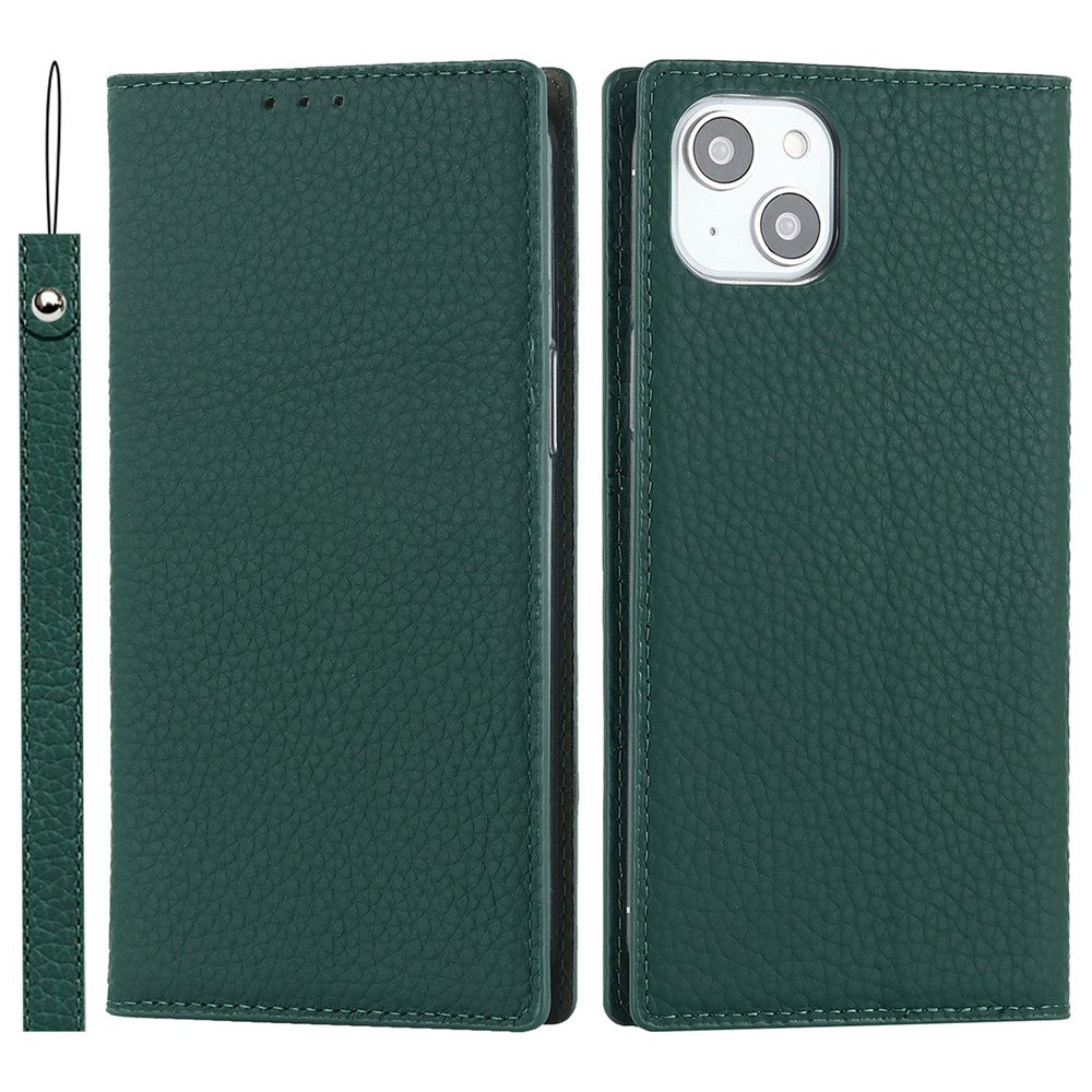 Genuine Leather Case for iPhone 14 6.1 inch, Litchi Texture Drop-proof Phone Wallet Stand Cover with Hand Strap