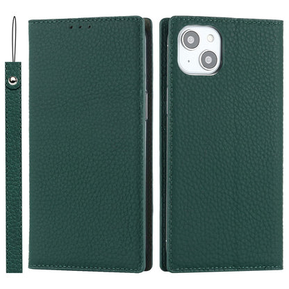 Genuine Leather Case for iPhone 14 6.1 inch, Litchi Texture Drop-proof Phone Wallet Stand Cover with Hand Strap