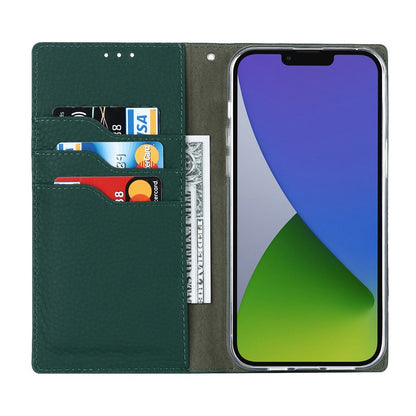 Genuine Leather Case for iPhone 14 6.1 inch, Litchi Texture Drop-proof Phone Wallet Stand Cover with Hand Strap
