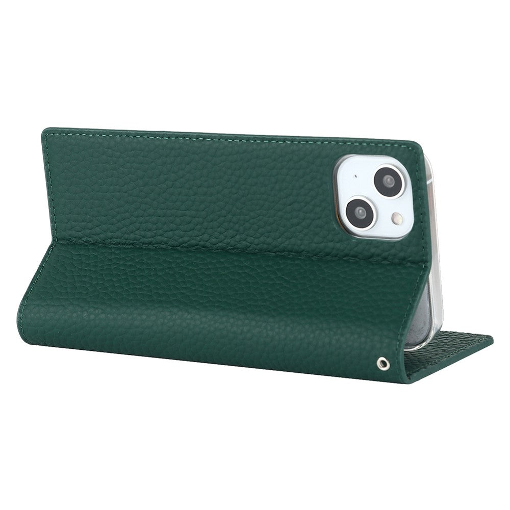 Genuine Leather Case for iPhone 14 6.1 inch, Litchi Texture Drop-proof Phone Wallet Stand Cover with Hand Strap