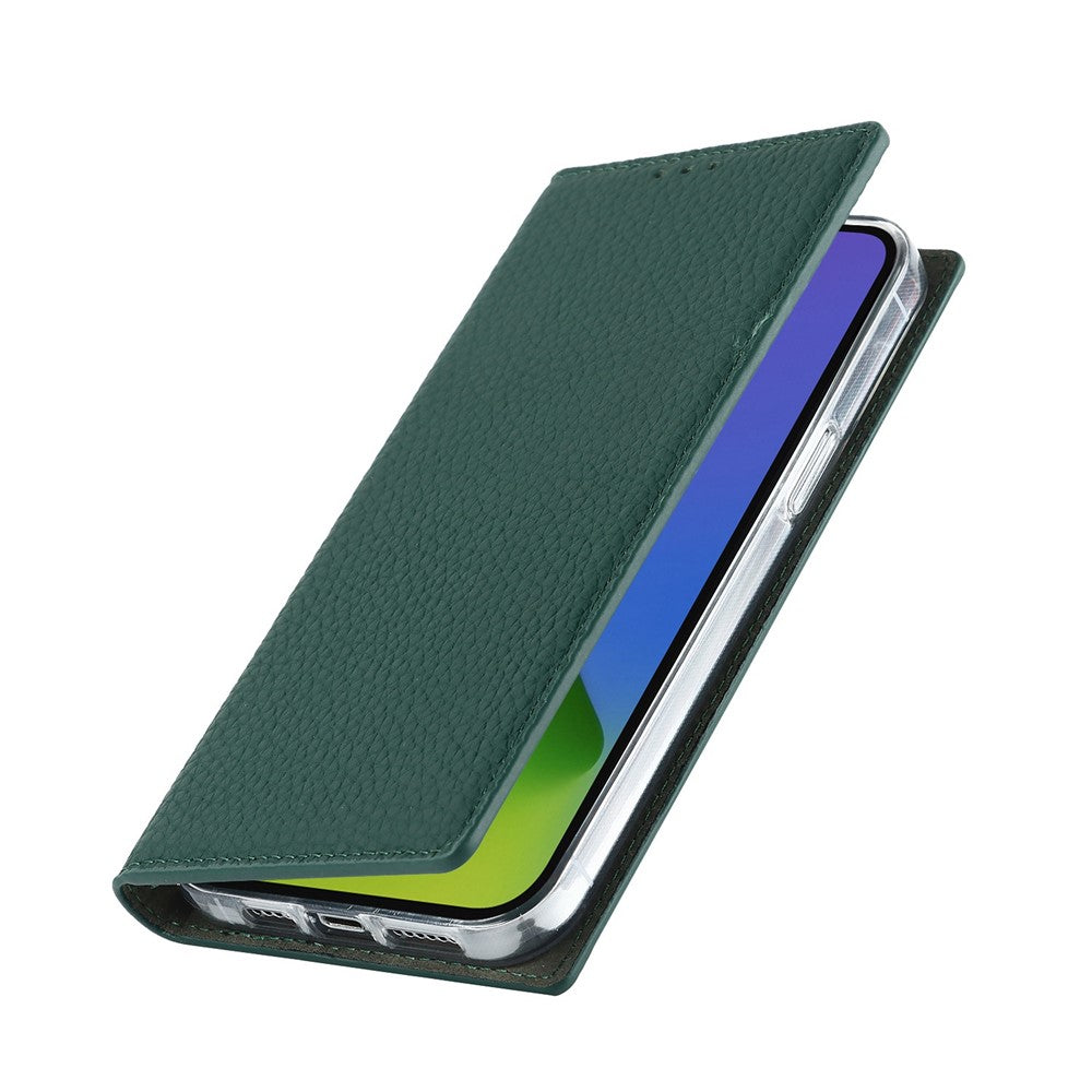 Genuine Leather Case for iPhone 14 6.1 inch, Litchi Texture Drop-proof Phone Wallet Stand Cover with Hand Strap