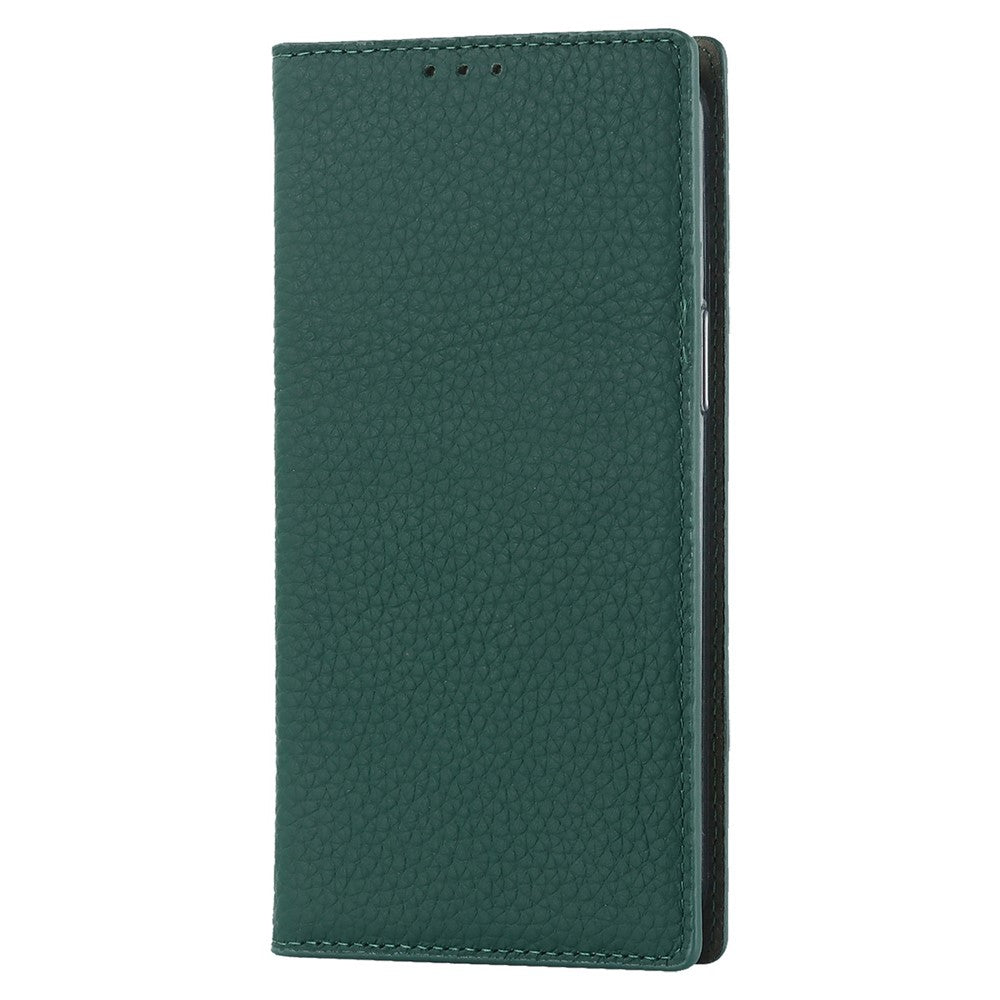 Genuine Leather Case for iPhone 14 6.1 inch, Litchi Texture Drop-proof Phone Wallet Stand Cover with Hand Strap