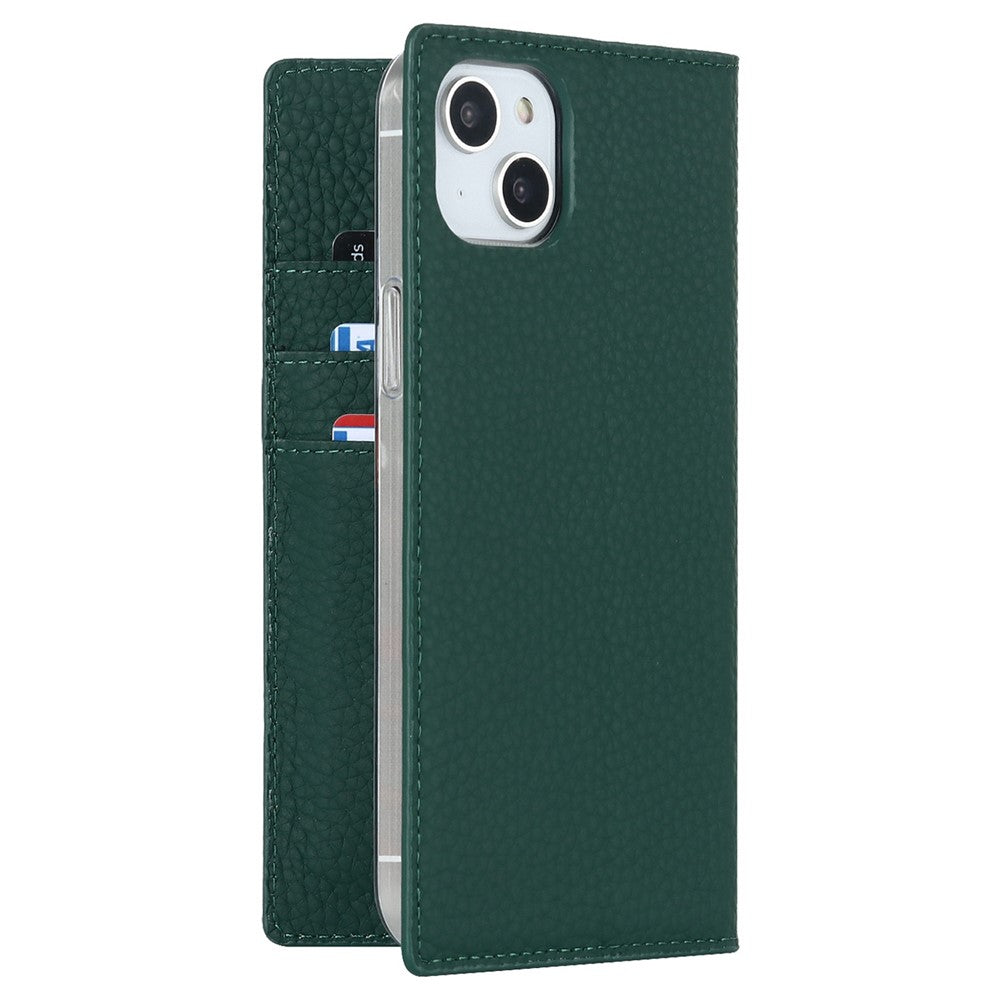 Genuine Leather Case for iPhone 14 6.1 inch, Litchi Texture Drop-proof Phone Wallet Stand Cover with Hand Strap