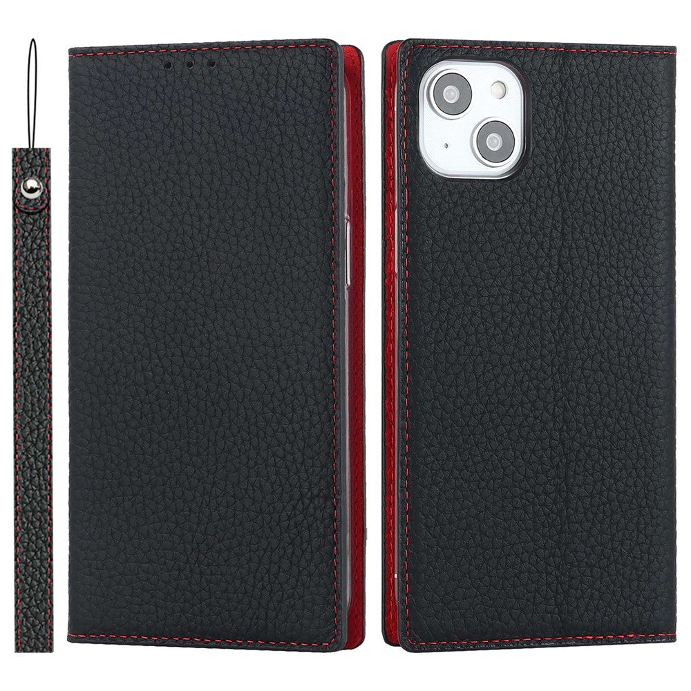 Genuine Leather Case for iPhone 14 6.1 inch, Litchi Texture Drop-proof Phone Wallet Stand Cover with Hand Strap