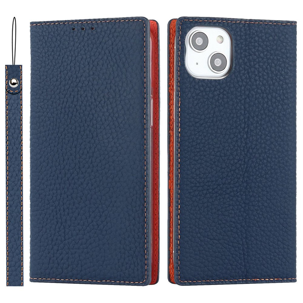 Genuine Leather Case for iPhone 14 6.1 inch, Litchi Texture Drop-proof Phone Wallet Stand Cover with Hand Strap