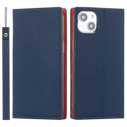 Genuine Leather Case for iPhone 14 6.1 inch, Litchi Texture Drop-proof Phone Wallet Stand Cover with Hand Strap