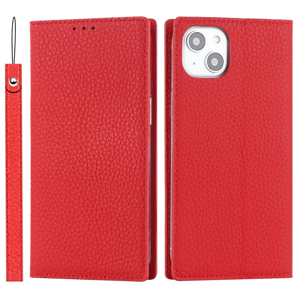 Genuine Leather Case for iPhone 14 6.1 inch, Litchi Texture Drop-proof Phone Wallet Stand Cover with Hand Strap
