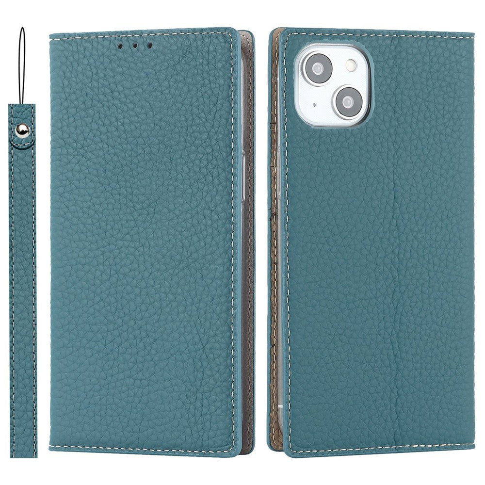 Genuine Leather Case for iPhone 14 6.1 inch, Litchi Texture Drop-proof Phone Wallet Stand Cover with Hand Strap