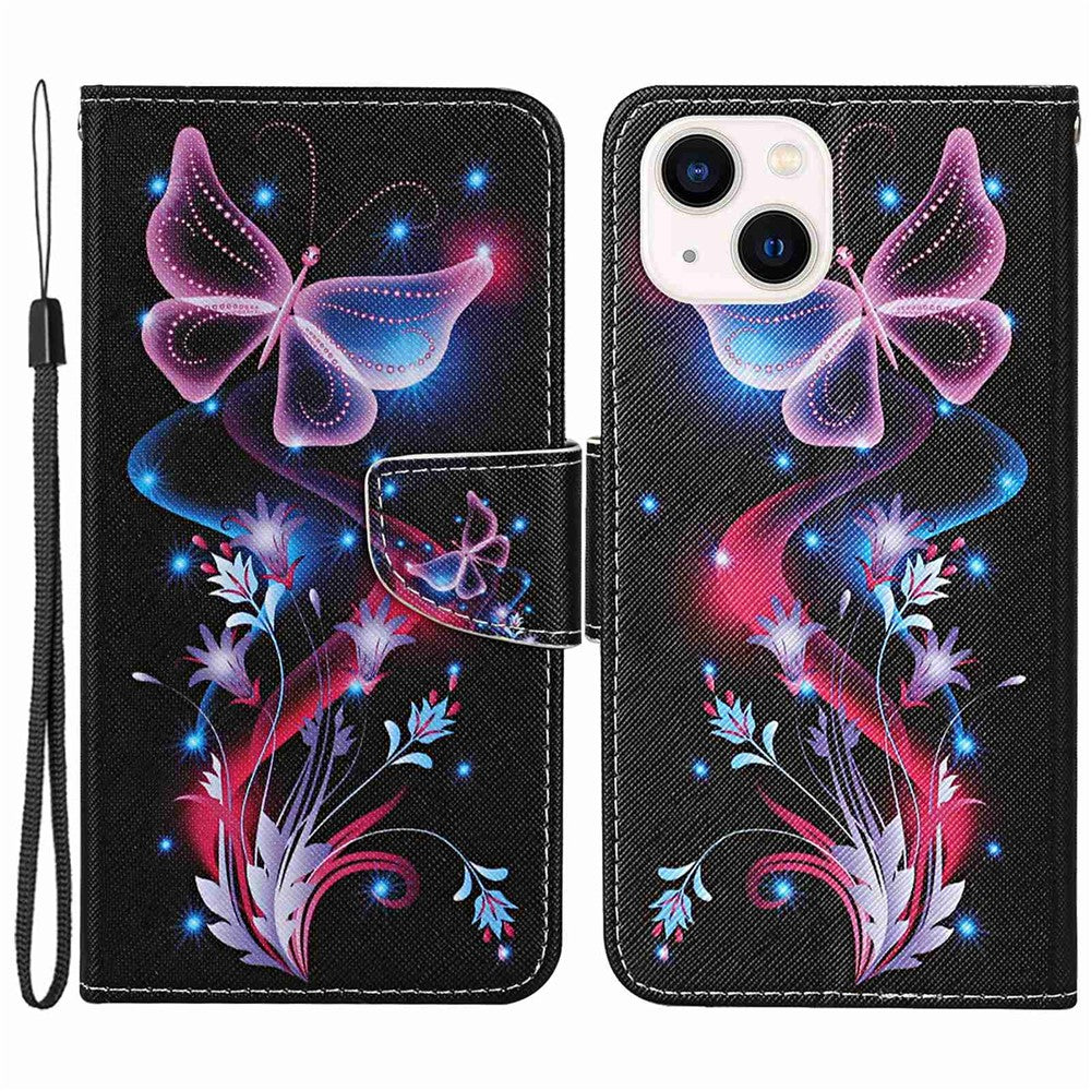 For iPhone 14 Plus Cross Texture PU Leather Case Pattern Printing Foldable Stand Phone Wallet Full Protection Case