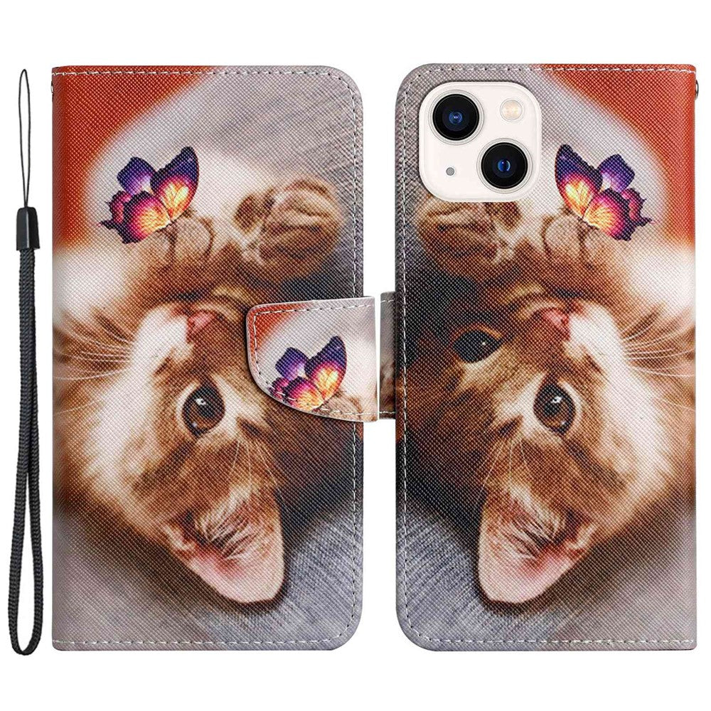 For iPhone 14 Plus Cross Texture PU Leather Case Pattern Printing Foldable Stand Phone Wallet Full Protection Case