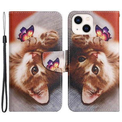 For iPhone 14 Plus Cross Texture PU Leather Case Pattern Printing Foldable Stand Phone Wallet Full Protection Case