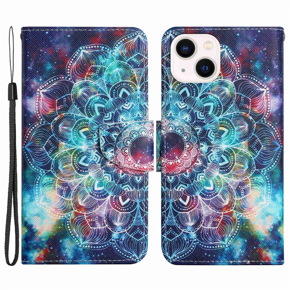For iPhone 14 Plus Cross Texture PU Leather Case Pattern Printing Foldable Stand Phone Wallet Full Protection Case