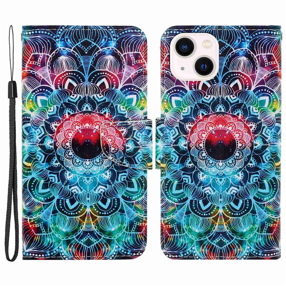 For iPhone 14 Plus Cross Texture PU Leather Case Pattern Printing Foldable Stand Phone Wallet Full Protection Case