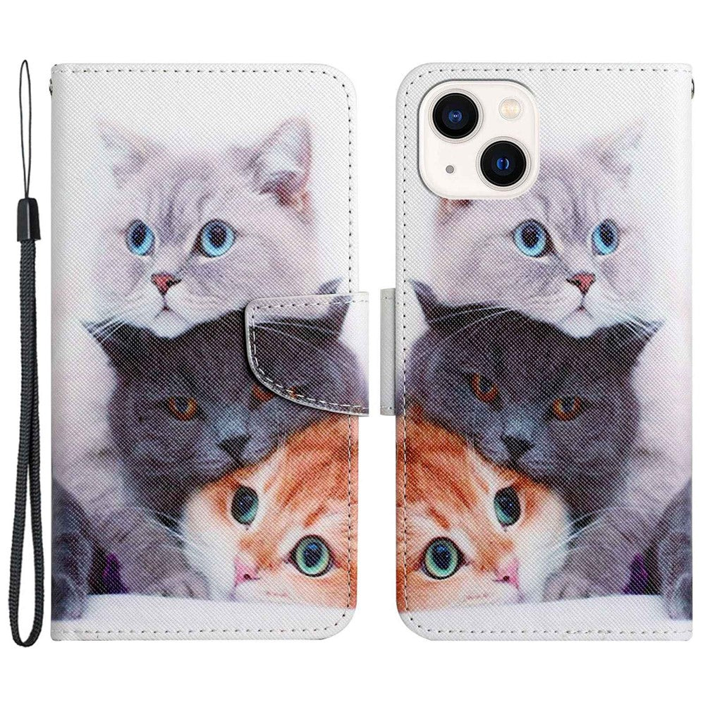 For iPhone 14 Plus Cross Texture PU Leather Case Pattern Printing Foldable Stand Phone Wallet Full Protection Case