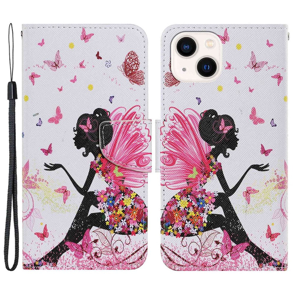 For iPhone 14 Plus Cross Texture PU Leather Case Pattern Printing Foldable Stand Phone Wallet Full Protection Case