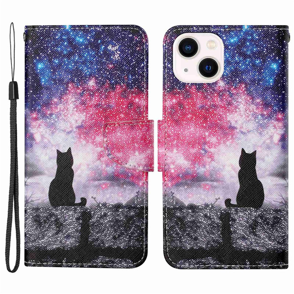 For iPhone 14 Plus Cross Texture PU Leather Case Pattern Printing Foldable Stand Phone Wallet Full Protection Case