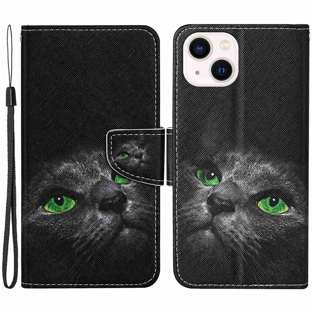 For iPhone 14 Plus Cross Texture PU Leather Case Pattern Printing Foldable Stand Phone Wallet Full Protection Case