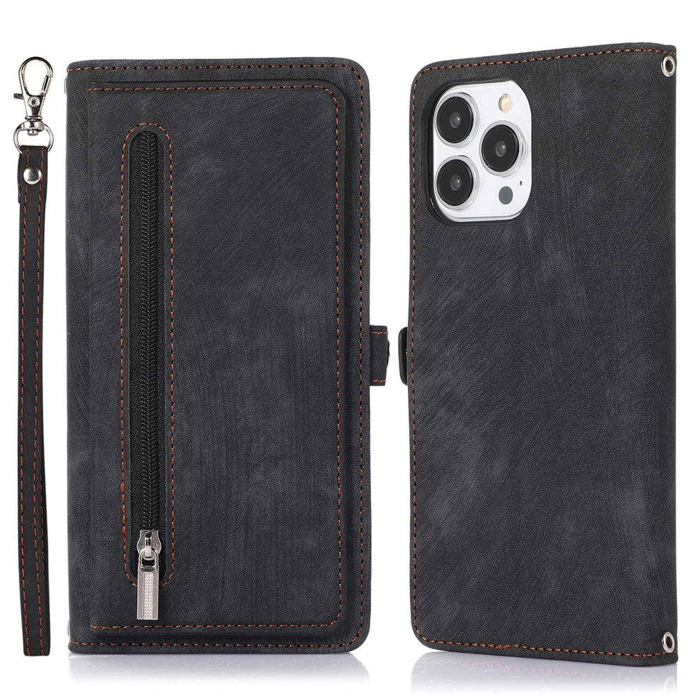 For iPhone 14 Pro Max 6.7 inch 9 Card Slots Phone Wallet Case Zipper Pocket Design Full Protection PU Leather Stand Cover with Wrist Strap