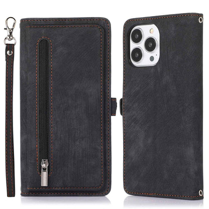 For iPhone 14 Pro Max 6.7 inch 9 Card Slots Phone Wallet Case Zipper Pocket Design Full Protection PU Leather Stand Cover with Wrist Strap