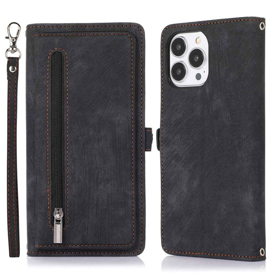 For iPhone 14 Pro Max 6.7 inch 9 Card Slots Phone Wallet Case Zipper Pocket Design Full Protection PU Leather Stand Cover with Wrist Strap