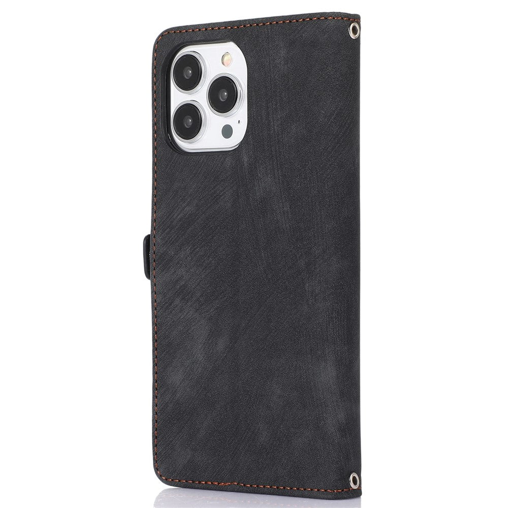 For iPhone 14 Pro Max 6.7 inch 9 Card Slots Phone Wallet Case Zipper Pocket Design Full Protection PU Leather Stand Cover with Wrist Strap
