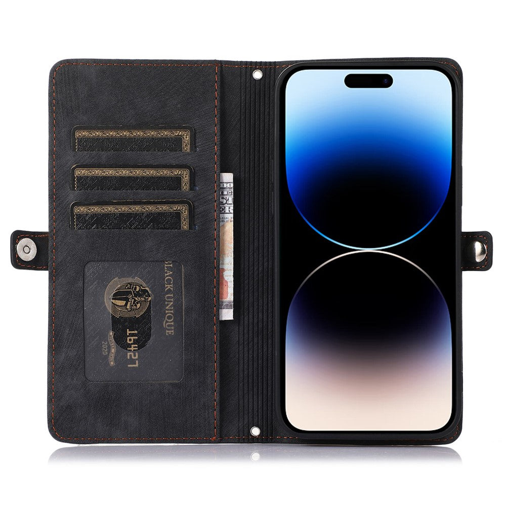 For iPhone 14 Pro Max 6.7 inch 9 Card Slots Phone Wallet Case Zipper Pocket Design Full Protection PU Leather Stand Cover with Wrist Strap