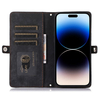 For iPhone 14 Pro Max 6.7 inch 9 Card Slots Phone Wallet Case Zipper Pocket Design Full Protection PU Leather Stand Cover with Wrist Strap