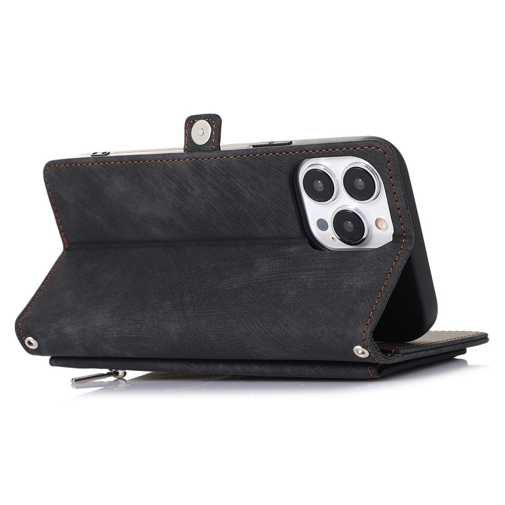 For iPhone 14 Pro Max 6.7 inch 9 Card Slots Phone Wallet Case Zipper Pocket Design Full Protection PU Leather Stand Cover with Wrist Strap