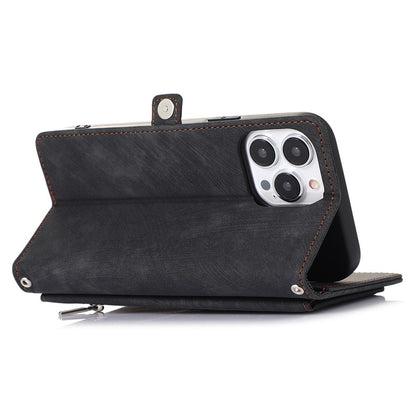 For iPhone 14 Pro Max 6.7 inch 9 Card Slots Phone Wallet Case Zipper Pocket Design Full Protection PU Leather Stand Cover with Wrist Strap