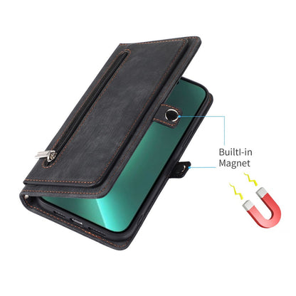 For iPhone 14 Pro Max 6.7 inch 9 Card Slots Phone Wallet Case Zipper Pocket Design Full Protection PU Leather Stand Cover with Wrist Strap