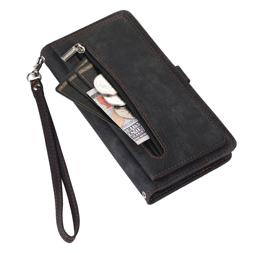 For iPhone 14 Pro Max 6.7 inch 9 Card Slots Phone Wallet Case Zipper Pocket Design Full Protection PU Leather Stand Cover with Wrist Strap