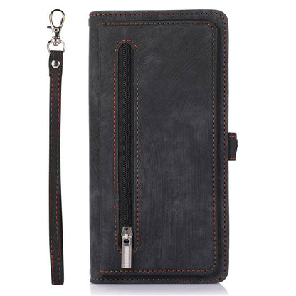 For iPhone 14 Pro Max 6.7 inch 9 Card Slots Phone Wallet Case Zipper Pocket Design Full Protection PU Leather Stand Cover with Wrist Strap