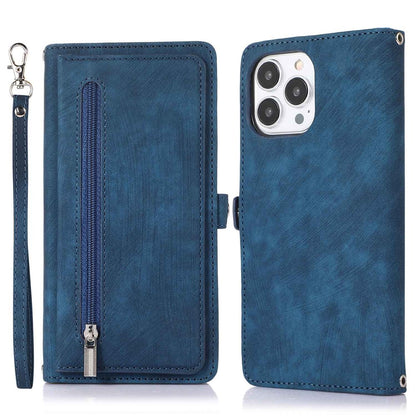 For iPhone 14 Pro Max 6.7 inch 9 Card Slots Phone Wallet Case Zipper Pocket Design Full Protection PU Leather Stand Cover with Wrist Strap
