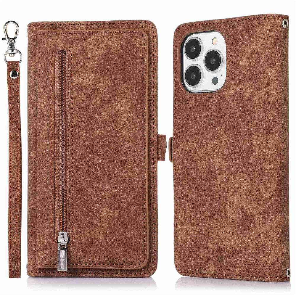 For iPhone 14 Pro Max 6.7 inch 9 Card Slots Phone Wallet Case Zipper Pocket Design Full Protection PU Leather Stand Cover with Wrist Strap