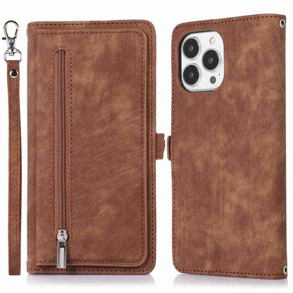 For iPhone 14 Pro Max 6.7 inch 9 Card Slots Phone Wallet Case Zipper Pocket Design Full Protection PU Leather Stand Cover with Wrist Strap