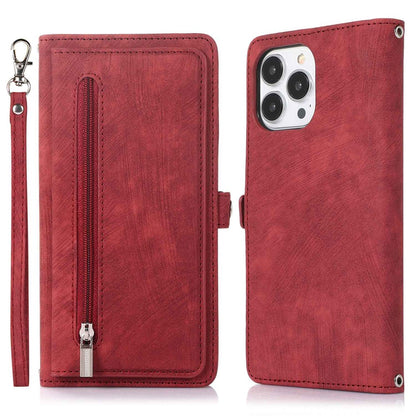 For iPhone 14 Pro Max 6.7 inch 9 Card Slots Phone Wallet Case Zipper Pocket Design Full Protection PU Leather Stand Cover with Wrist Strap