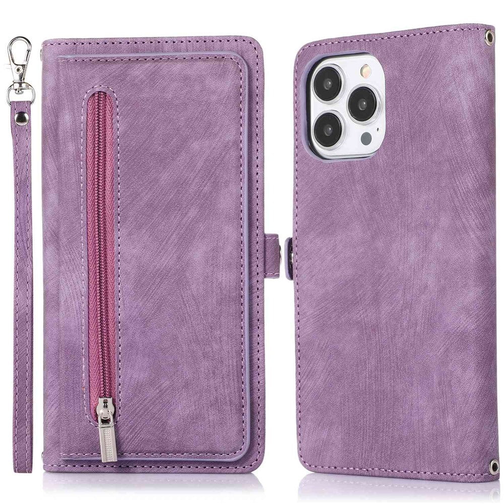 For iPhone 14 Pro Max 6.7 inch 9 Card Slots Phone Wallet Case Zipper Pocket Design Full Protection PU Leather Stand Cover with Wrist Strap