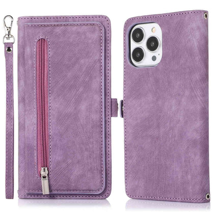 For iPhone 14 Pro Max 6.7 inch 9 Card Slots Phone Wallet Case Zipper Pocket Design Full Protection PU Leather Stand Cover with Wrist Strap