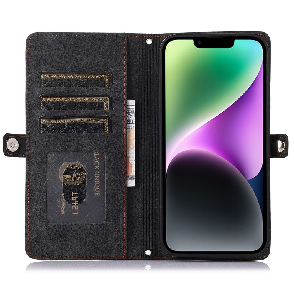 For iPhone 14 6.1 inch Zipper Pocket Design 9 Card Slots Phone Wallet Case PU Leather Stand Shockproof Cover with Wrist Strap