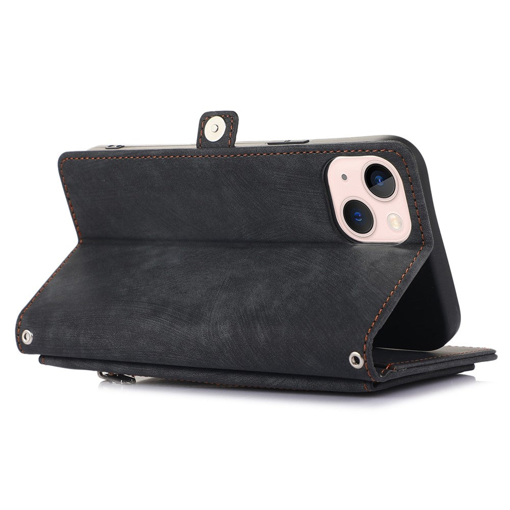 For iPhone 14 6.1 inch Zipper Pocket Design 9 Card Slots Phone Wallet Case PU Leather Stand Shockproof Cover with Wrist Strap