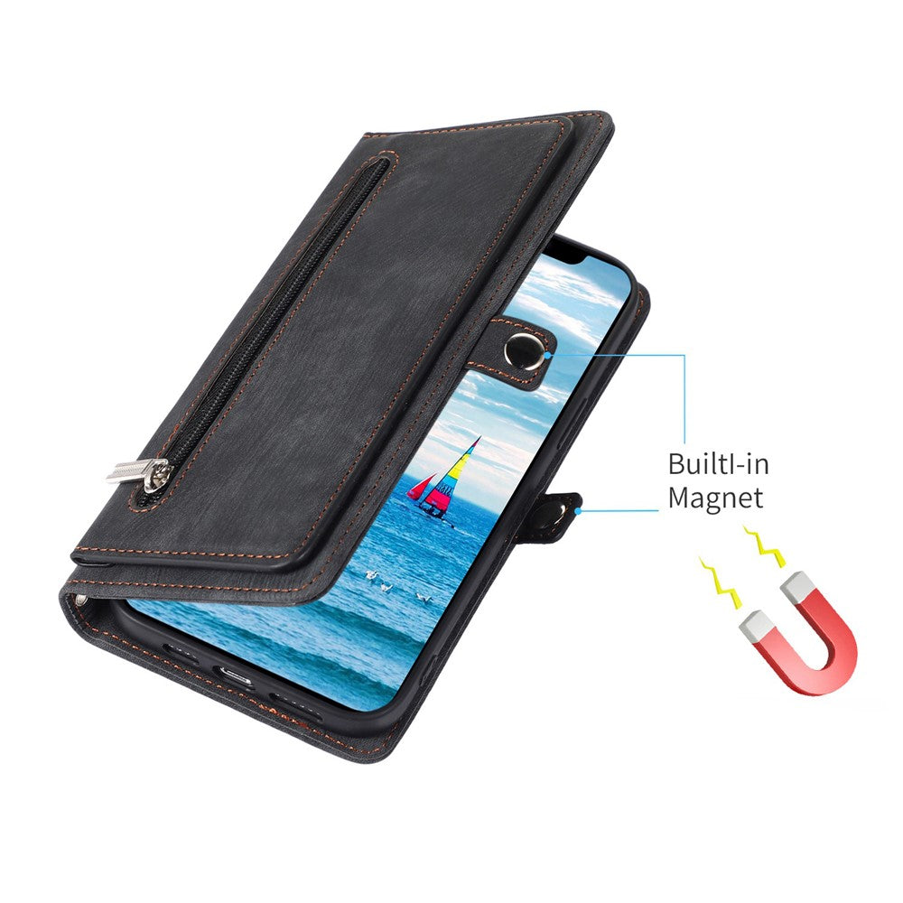 For iPhone 14 6.1 inch Zipper Pocket Design 9 Card Slots Phone Wallet Case PU Leather Stand Shockproof Cover with Wrist Strap